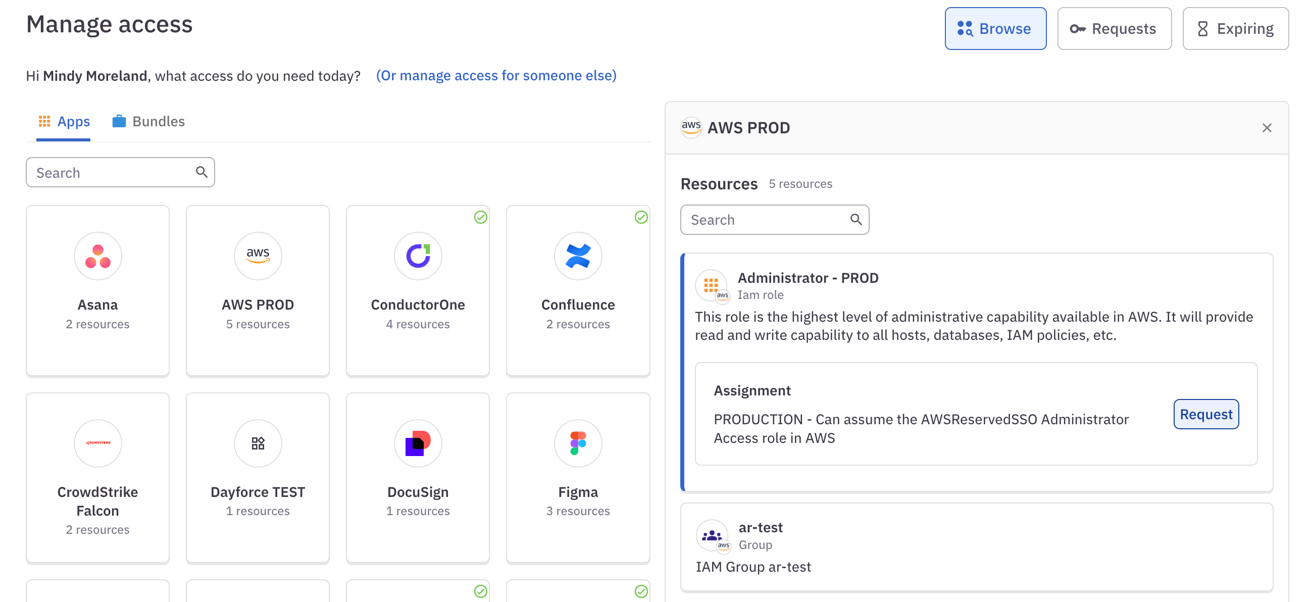 The browse access page open to the AWS account resource, as described in the instructions above.