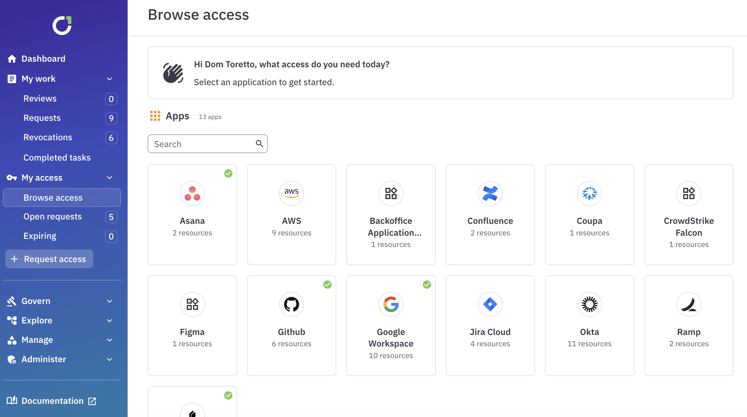 The Browse access page showing 13 available apps.