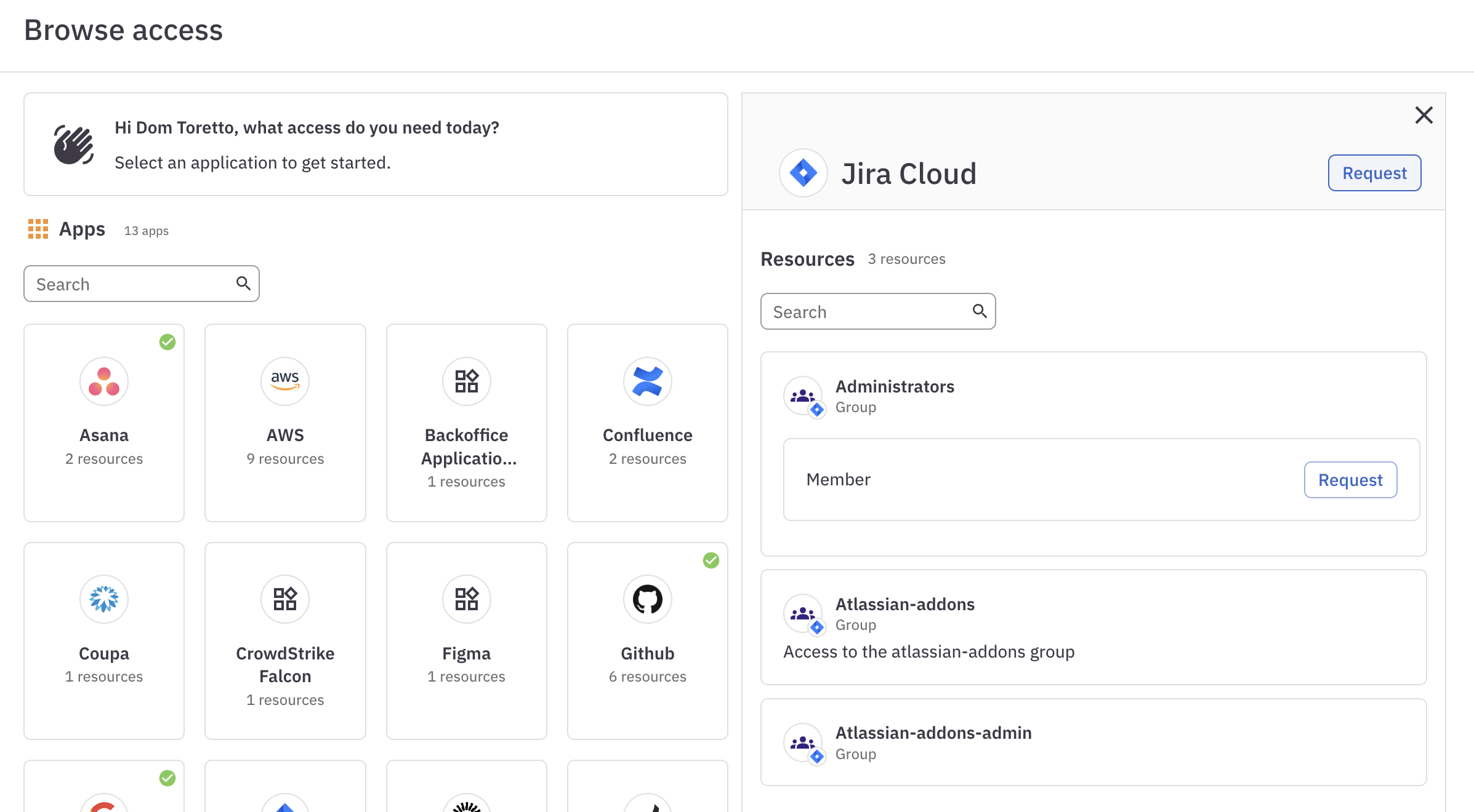 A detail from the Browse access page showing Request buttons next to Jira Cloud in the header of the page (click here to request access to the app itself) and next to the Member entitlement on the Administrators group (click here to request this specific entitlement).
