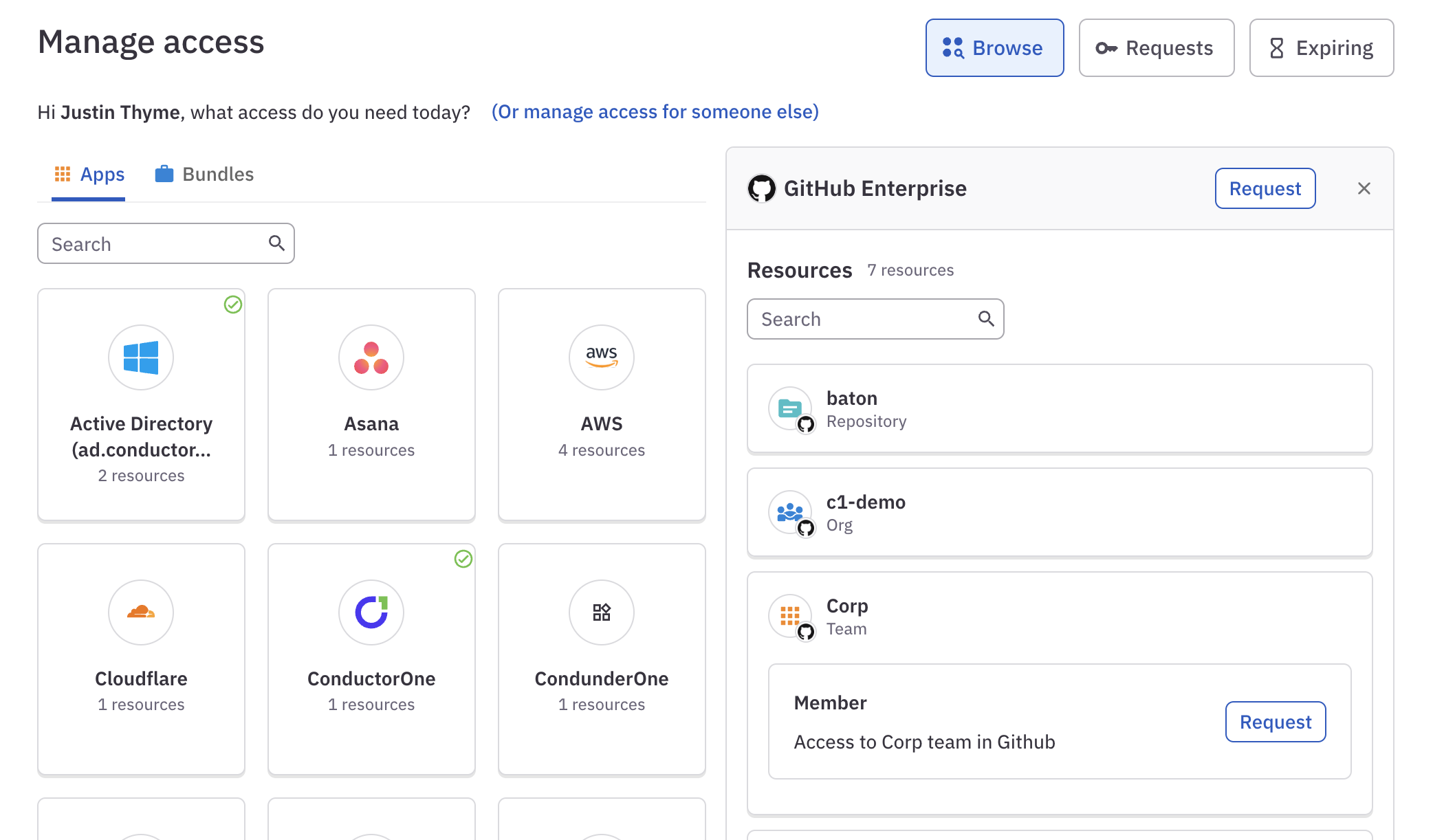 A detail from the Browse access page showing Request buttons next to Jira Cloud in the header of the page (click here to request access to the app itself) and next to the Member entitlement on the Administrators group (click here to request this specific entitlement).