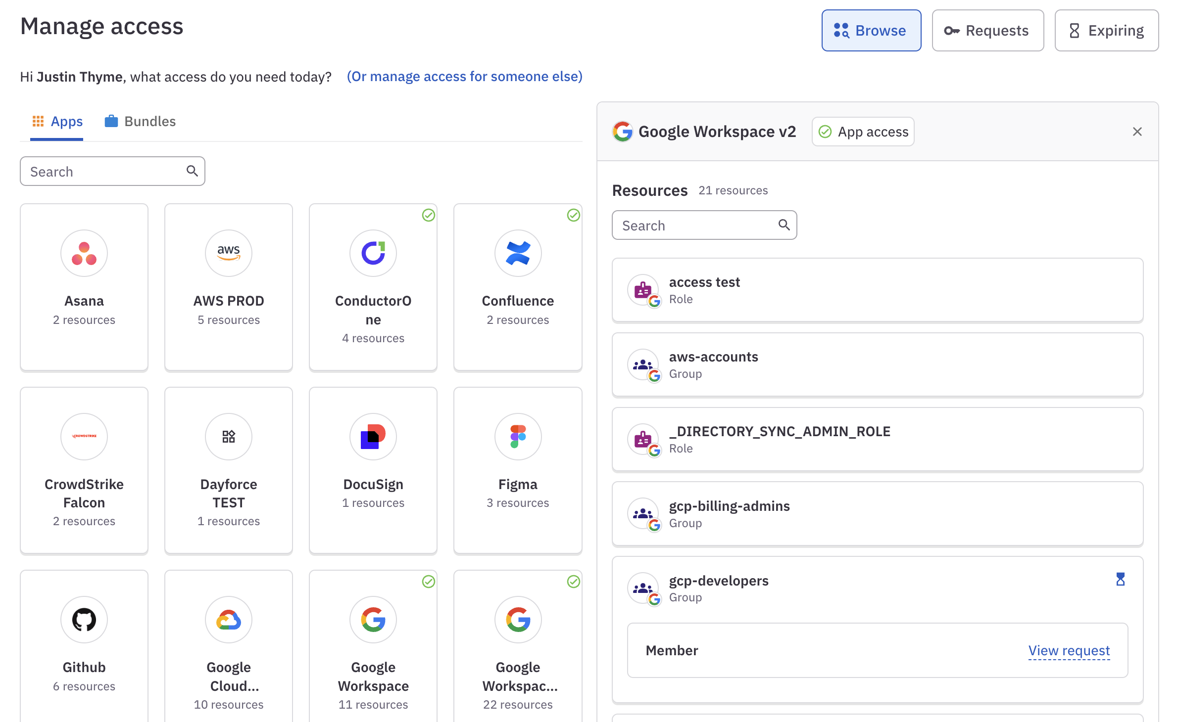 A detail from the Browse access page showing an hourglass icon next to the GitHub DataEng team resource and a View request link next to the Member entitlement for this resource.