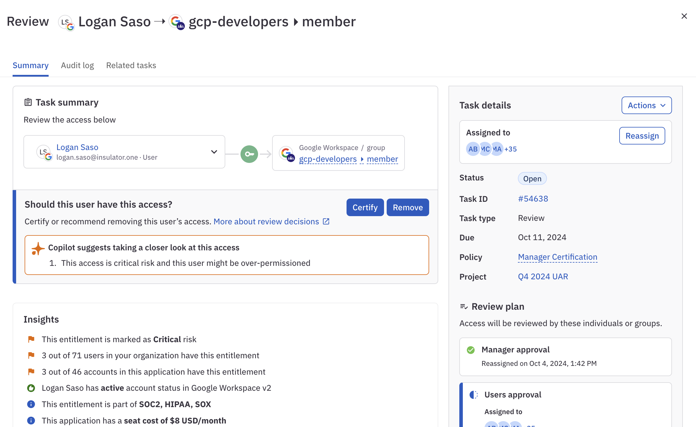 A review task's details screen showing a Copilot flag on an insight and a recommendation to take a closer look.