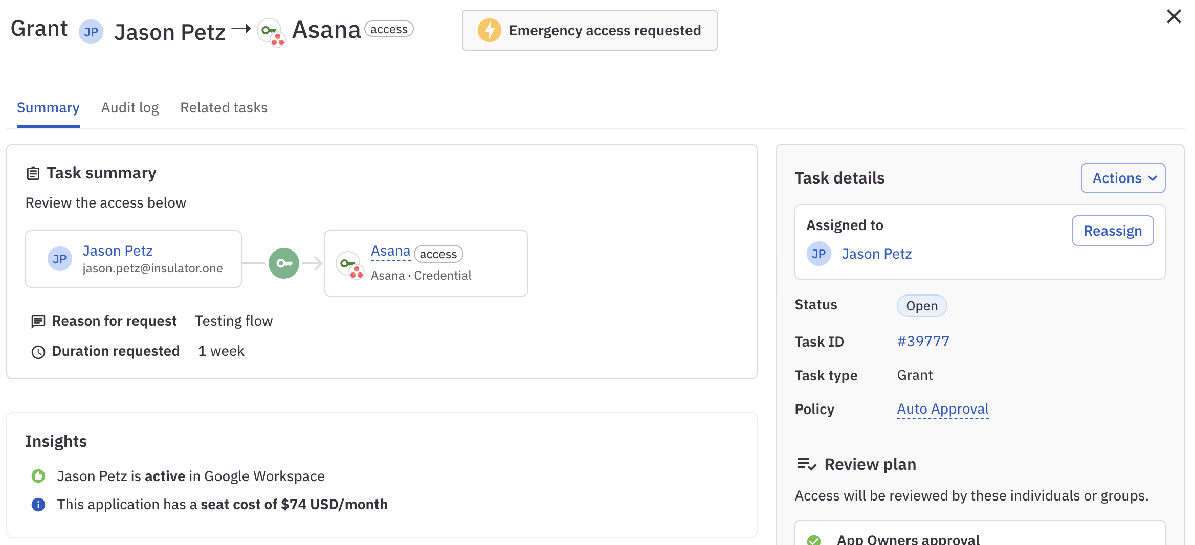 A task details page showing the 'Emergency access requested' badge in the header.