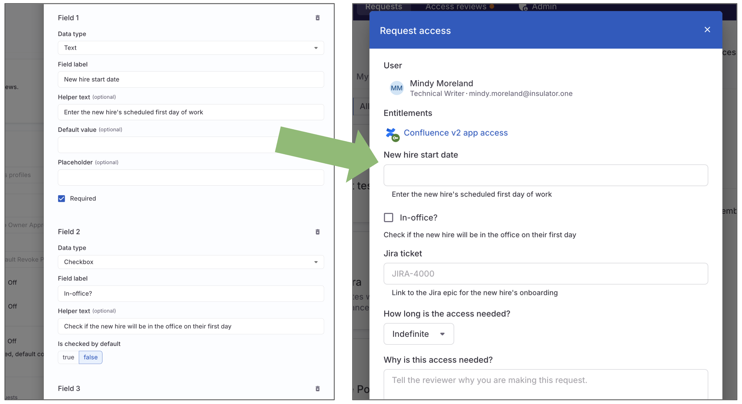 Two screenshots side by side, with the left one displaying the custom form creation drawer, and the right one showing the custom form on an access request.