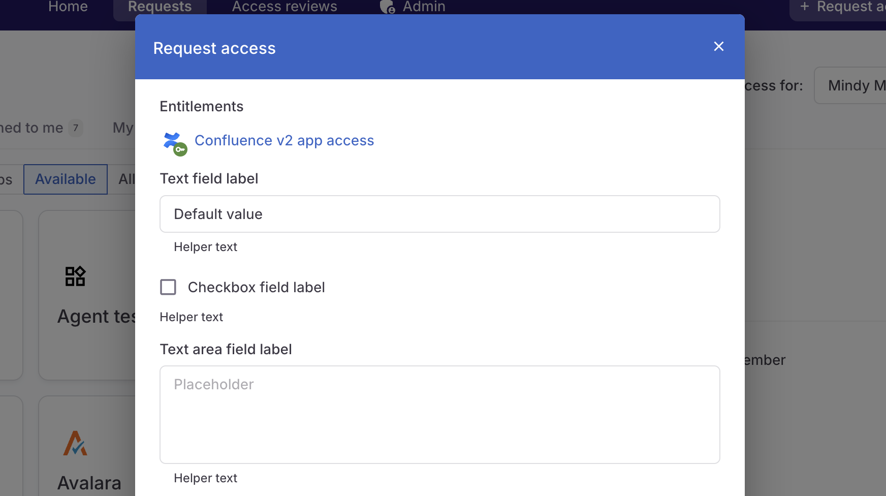 A screenshot showing a request modal on the Requests page with a custom form showing the three field types. Each field element is labeled with its type: the text field's field label reads Text field label, the placeholder value is Placeholder, and so on.