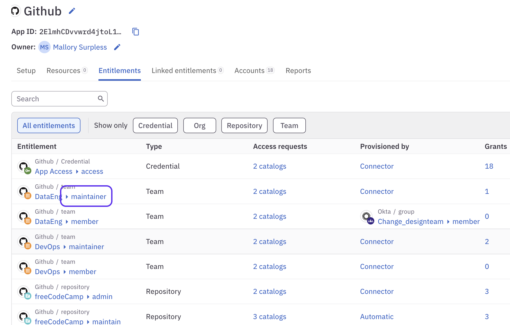 The GitHub application's Entitlements tab, showing individual entitlement summaries. 