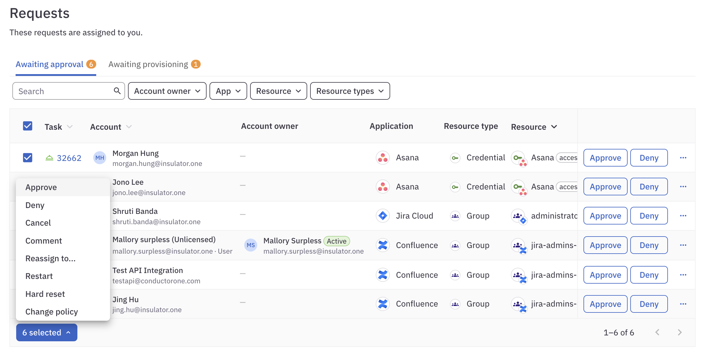 A list of open access request tasks, with all the tasks selected and the actions menu open to show the available options, including Approve and Deny.