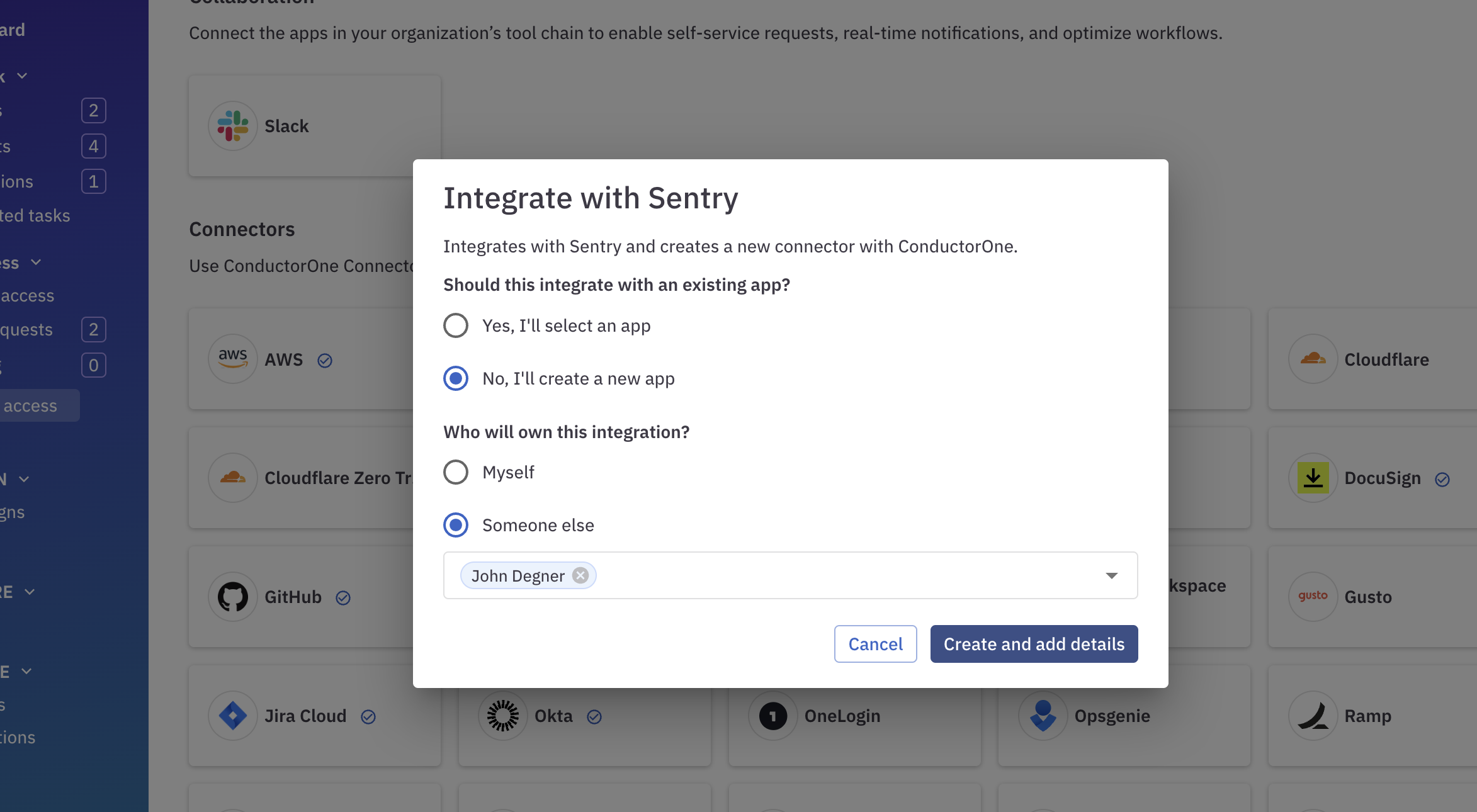 Setting up a new Sentry integration and designating an integration owner.