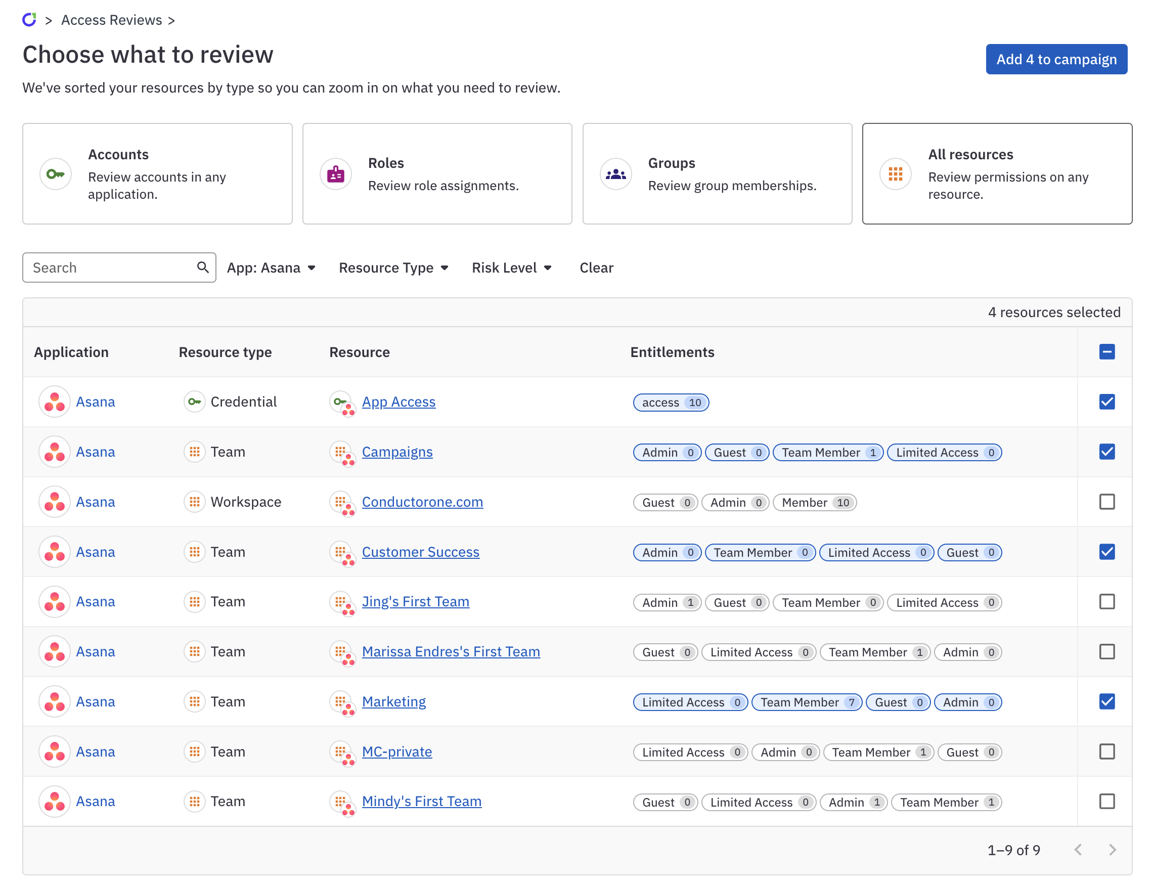 The campaign resource selection screen showing four Asana resources selected for the campaign.